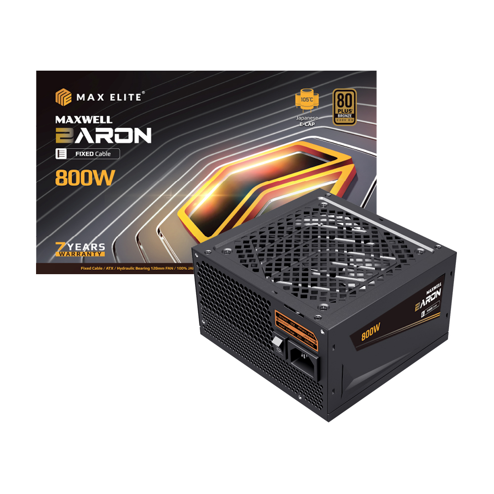 The MAXELITE MAXWELL BARON 800W 80 PLUS BRONZE is a robust ATX power supply unit designed to deliver reliable power and efficiency for various computi